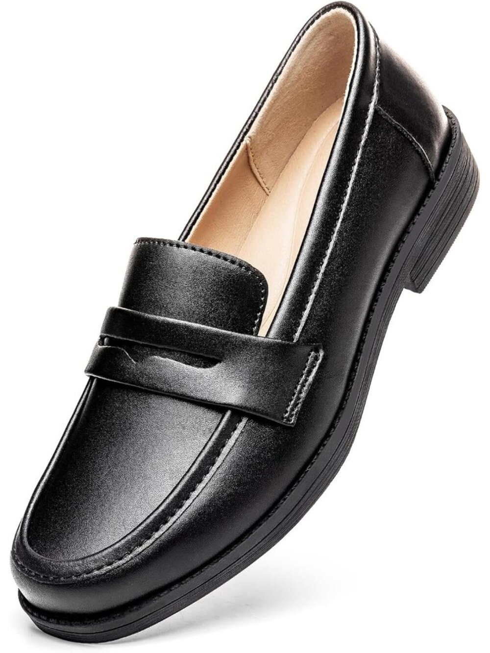 Women’s All Black Comfortable Leather Penny Loafers Slip On Business Casual